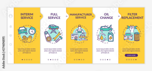 Auto repair service onboarding vector template. Interim, full, manufacturer services. Responsive mobile website with icons. Webpage walkthrough five steps screens. RGB color concept