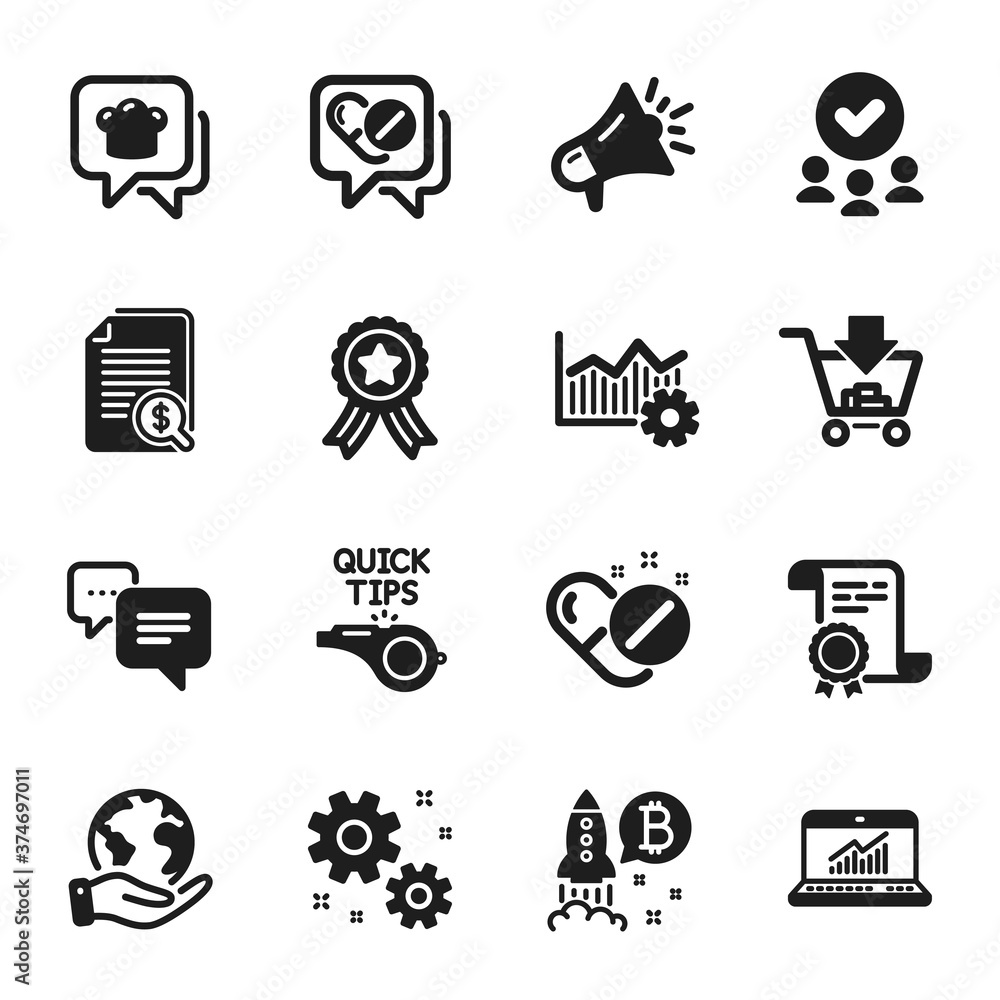 Set of Business icons, such as Shopping, Megaphone. Certificate, approved group, save planet. Medical drugs, Cooking hat, Work. Operational excellence, Bitcoin project, Online statistics. Vector Set of Business icons, such as Shopping, Megaphone. Certificate, approved group, save planet. Medical drugs, Cooking hat, Work. Operational excellence, Bitcoin project, Online statistics. Vector