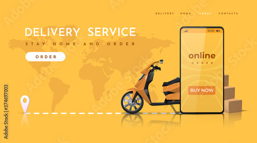 Delivery service. Online food order landing page with realistic scooter. Vector image web page and mobile application concept of food delivery ordering