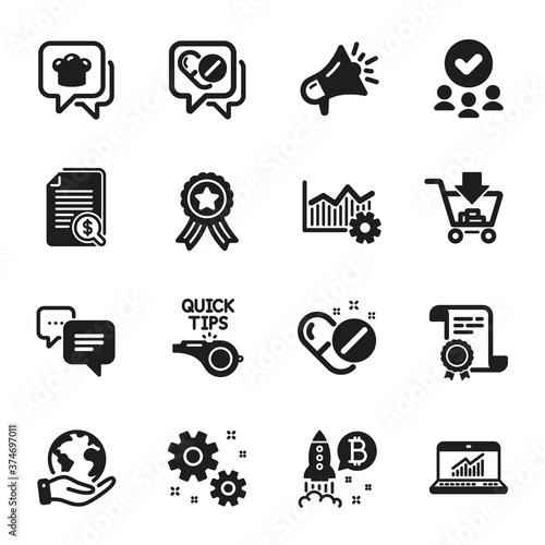 Set of Business icons, such as Shopping, Megaphone. Certificate, approved group, save planet. Medical drugs, Cooking hat, Work. Operational excellence, Bitcoin project, Online statistics. Vector