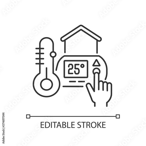 Thermostat setting linear icon. Water heater. Air conditioner. Temperature maintenance. Thin line customizable illustration. Contour symbol. Vector isolated outline drawing. Editable stroke