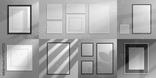 Realistic frames. Interior decorative elements, 3D mockups with shadow overlay effect for poster and banner design. Vector set illustration squared mock up for photo