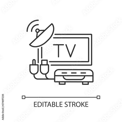 TV tuner linear icon. Home television. Digital TV tuner card. Home improvement. Satellite. Thin line customizable illustration. Contour symbol. Vector isolated outline drawing. Editable stroke