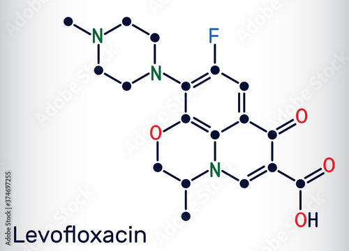 Levofloxacin, fluoroquinolone antibiotic molecule. It is used to treat bacterial sinusitis, pneumonia. Skeletal chemical formula