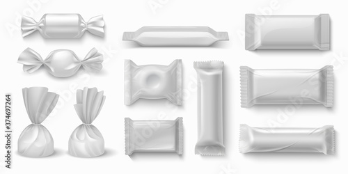 Candies package. Realistic sweet food packaging blank white mockups for branding design. Vector 3D image isolated caramel candies and chocolate bars plastic wrap