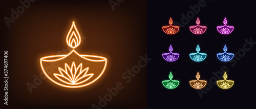 Neon diya icon. Glowing neon Diya lamp with fire and lotus flower  Deepavali