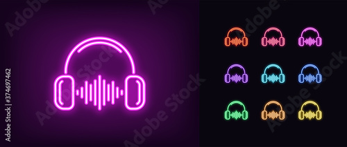 Neon music wave icon. Glowing neon headphones with sound wave, soundtrack