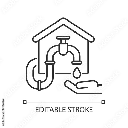 Water connection linear icon. Supply connection. Faucet with drop. Cold and hot water systems. Thin line customizable illustration. Contour symbol. Vector isolated outline drawing. Editable stroke