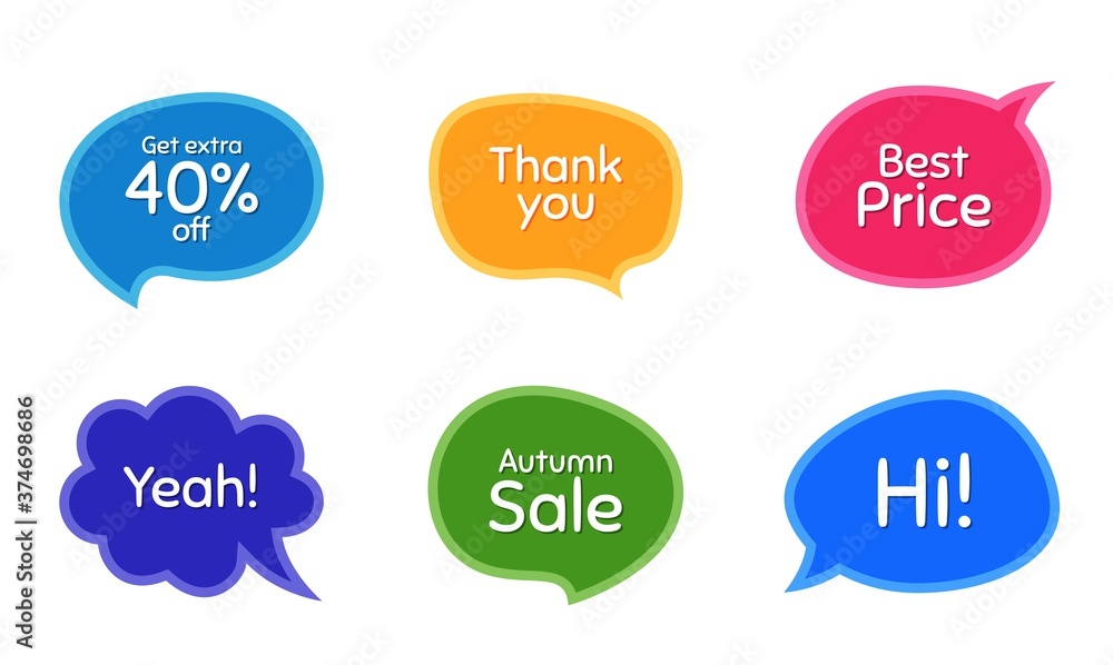 Autumn sale, 40% discount and best price. Colorful chat bubbles. Thank you phrase. Sale shopping text. Chat messages with phrases. Texting thought bubbles. Vector Autumn sale, 40% discount and best price. Colorful chat bubbles. Thank you phrase. Sale shopping text. Chat messages with phrases. Texting thought bubbles. Vector
