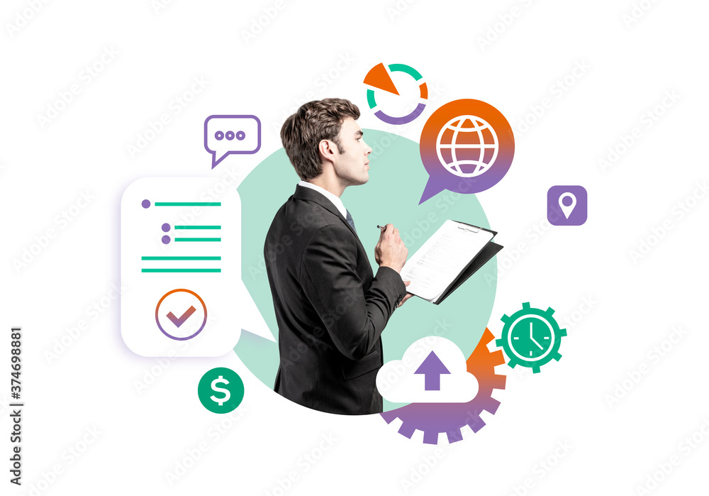 Man with clipboard, internet icons Man with clipboard, internet icons