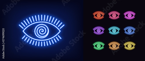 Neon hypnotic eye icon. Glowing neon eye sign with spiral iris, mesmeric vision