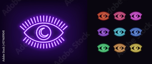 Neon magic eye icon. Glowing neon eye with crescent iris, sweet dream