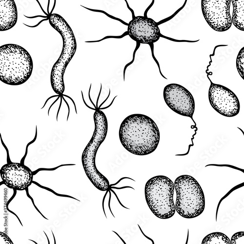 Seamless background of different drawn bacterias