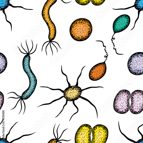 Seamless pattern of different drawn bacterias