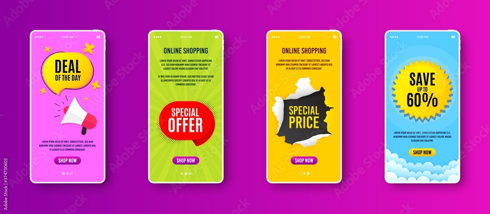 Plakat Special offer badge. Phone screen banner. Discount banner shape. Sale coupon bubble icon. Sale banner on smartphone screen. Mobile phone web template. Special offer promotion. Vector