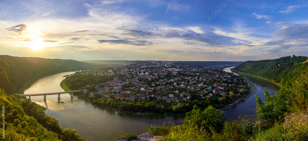 Panorama of Zalishchyky and the Dniester River, Ukrainian canyon