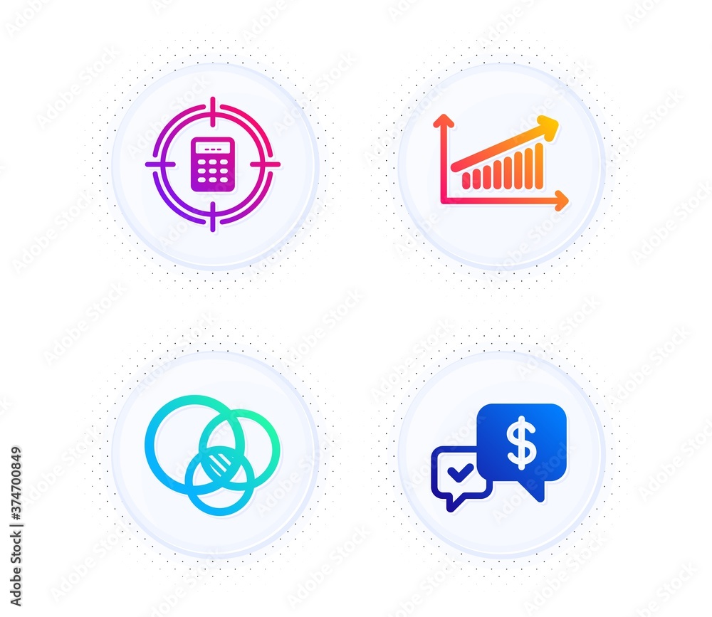 Calculator target, Euler diagram and Chart icons simple set. Button with halftone dots. Payment received sign. Audit, Relationships chart, Money. Finance set. Vector