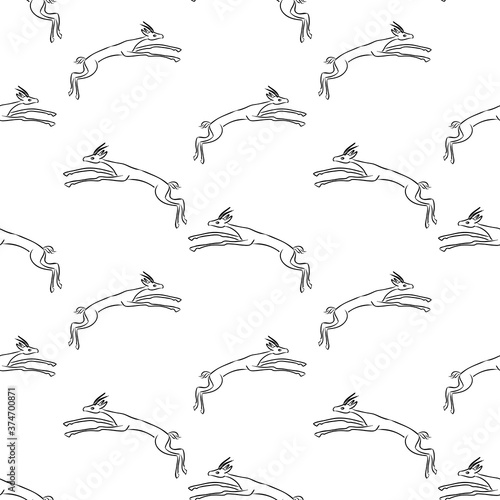 Seamless pattern of sketches of jumping wild fallow deers