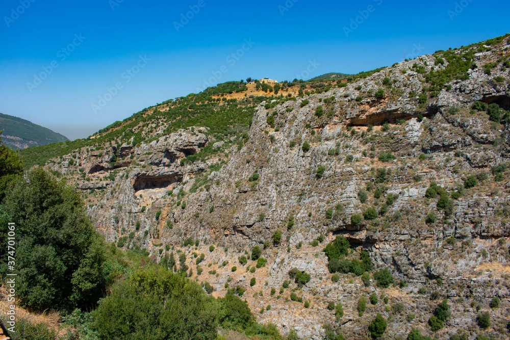 rock formation with caves in the Lebanon mountains