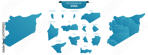 blue colored political maps of Syria isolated on white background