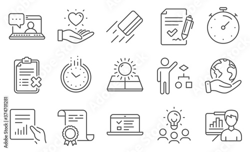 Set of Business icons, such as Reject checklist, Timer. Diploma, ideas, save planet. Document, Presentation board, Algorithm. Time, Credit card, Approved agreement. Vector