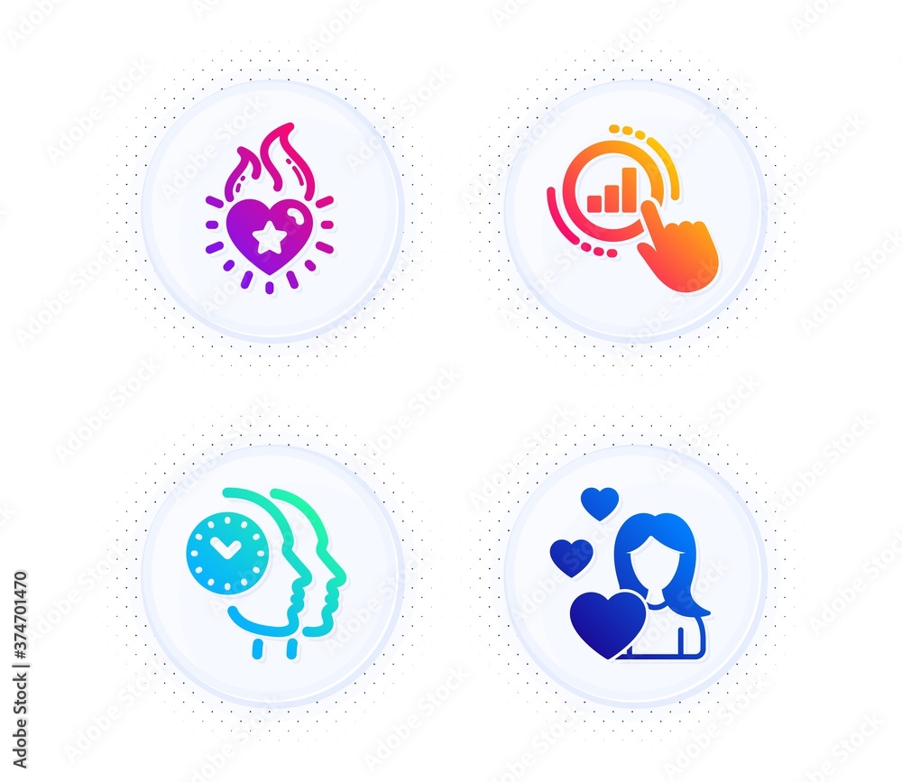 Graph chart, Heart flame and Time management icons simple set. Button with halftone dots. Love sign. Get report, Love fire, Teamwork clock. People set. Gradient flat graph chart icon. Vector