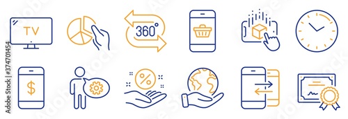 Fototapeta Naklejka Na Ścianę i Meble -  Set of Technology icons, such as Phone communication, Time. Certificate, save planet. Smartphone buying, Augmented reality, Smartphone payment. 360 degree, Cogwheel, Pie chart. Vector