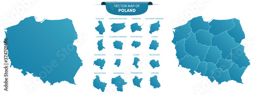 blue colored political maps of Poland isolated on white background
