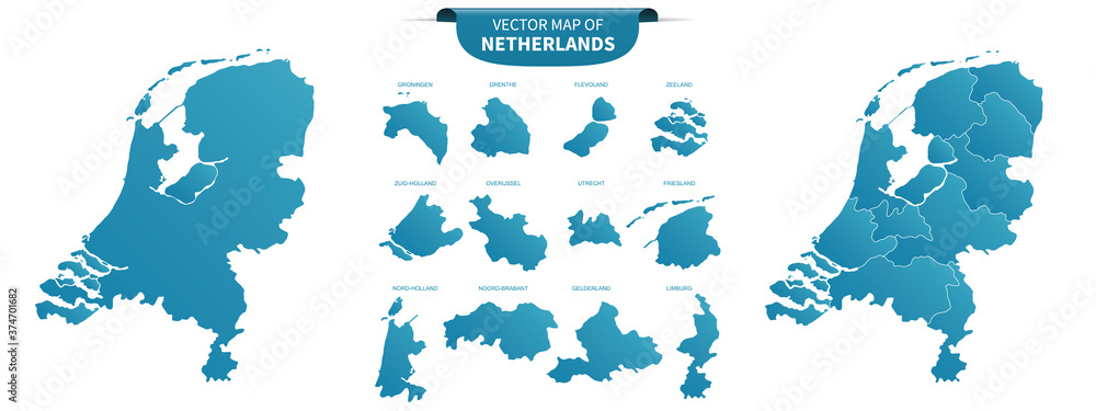 blue colored political maps of Netherlands isolated on white background