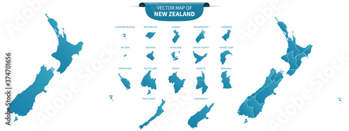 blue colored political maps of New Zealand isolated on white background