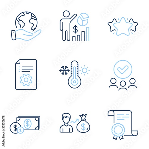 Technical documentation, Thermometer and Seo statistics line icons set. Diploma certificate, save planet, group of people. Dollar money, Star and Sallary signs. Vector photo