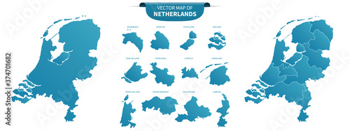 blue colored political maps of Netherlands isolated on white background