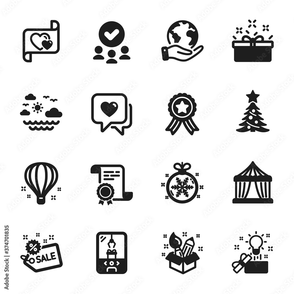 Set of Holidays icons, such as Travel sea, Creative idea. Certificate, approved group, save planet. Christmas ball, Love letter, Creativity. Heart, Christmas tree, Sale. Vector Set of Holidays icons, such as Travel sea, Creative idea. Certificate, approved group, save planet. Christmas ball, Love letter, Creativity. Heart, Christmas tree, Sale. Vector