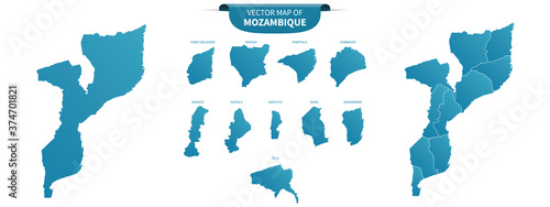 blue colored political maps of Mozambique isolated on white background