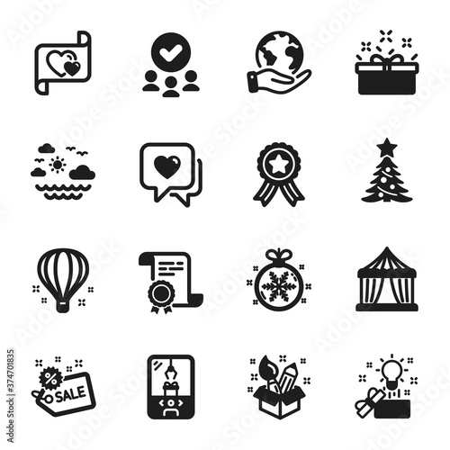 Set of Holidays icons, such as Travel sea, Creative idea. Certificate, approved group, save planet. Christmas ball, Love letter, Creativity. Heart, Christmas tree, Sale. Vector