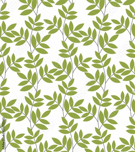 Seamless repeat pattern: green leafs on white background. Flat vector illustration