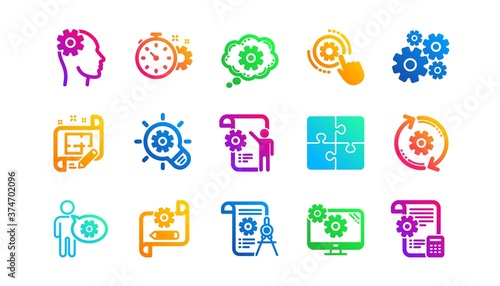 Puzzle, Dividers tool and Architect plan. Engineering icons. Engineer classic icon set. Gradient patterns. Quality signs set. Vector