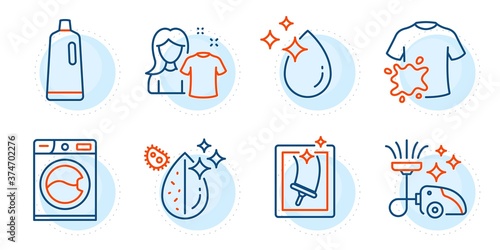 Shampoo, Dirty t-shirt and Water drop signs. Vacuum cleaner, Window cleaning and Dirty water line icons set. Clean shirt, Washing machine symbols. Vacuum-clean, Housekeeping service. Vector