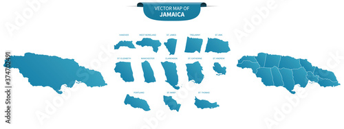 blue colored political maps of Jamaica isolated on white background