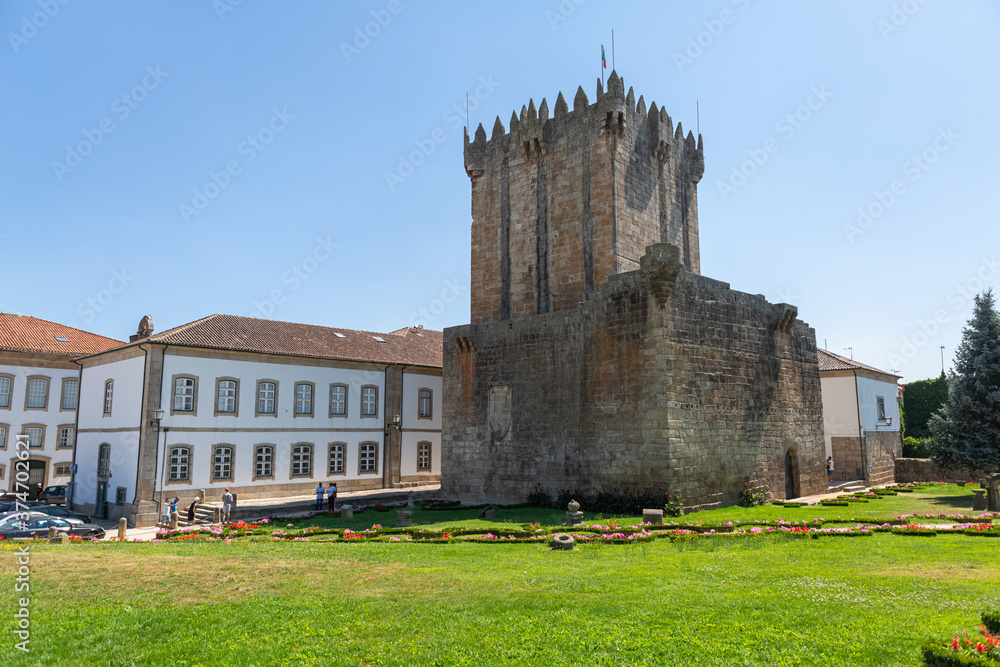 Fototapeta premium View at the exterior facade tower at Castle of Chaves, an iconic monument building at the Chaves city, portuguese patrimony