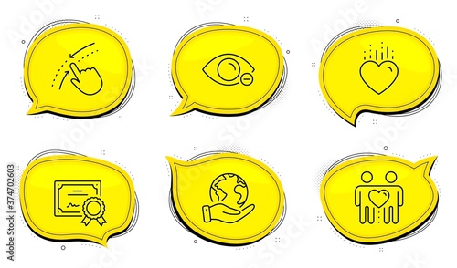 Myopia sign. Diploma certificate, save planet chat bubbles. Friends couple, Heart and Swipe up line icons set. Friendship, Love, Touch down. Eye vision. People set. Outline icons set. Vector