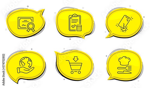 Online market sign. Diploma certificate, save planet chat bubbles. Smartphone broken, Food and Accounting checklist line icons set. Phone crack, Chef hat, Calculator. Shopping cart. Vector