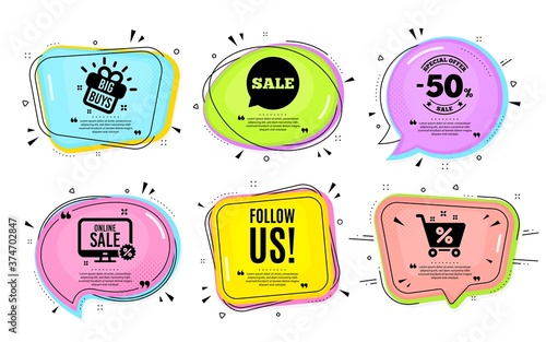 Follow us symbol. Big buys, online shopping. Special offer sign. Super offer. Quotation bubble. Banner badge, texting quote boxes. Follow us text. Coupon offer. Vector
