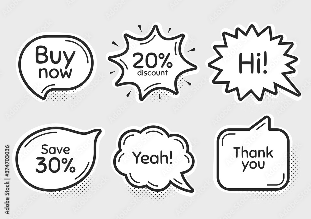 Comic chat bubbles. Buy now, 20% discount and save 30%. Thank you, hi and yeah phrases. Sale shopping text. Chat messages with phrases. Drawing texting thought speech bubbles. Vector