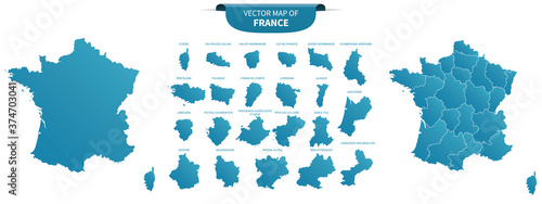 blue colored political maps of France isolated on white background