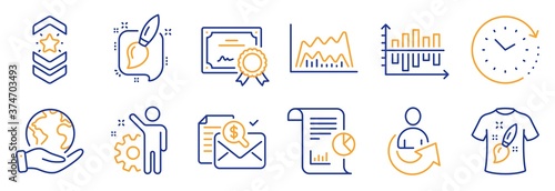 Set of Education icons, such as Painting brush, Trade chart. Certificate, save planet. Employee, Accounting report, T-shirt design. Shoulder strap, Diagram chart, Share. Vector