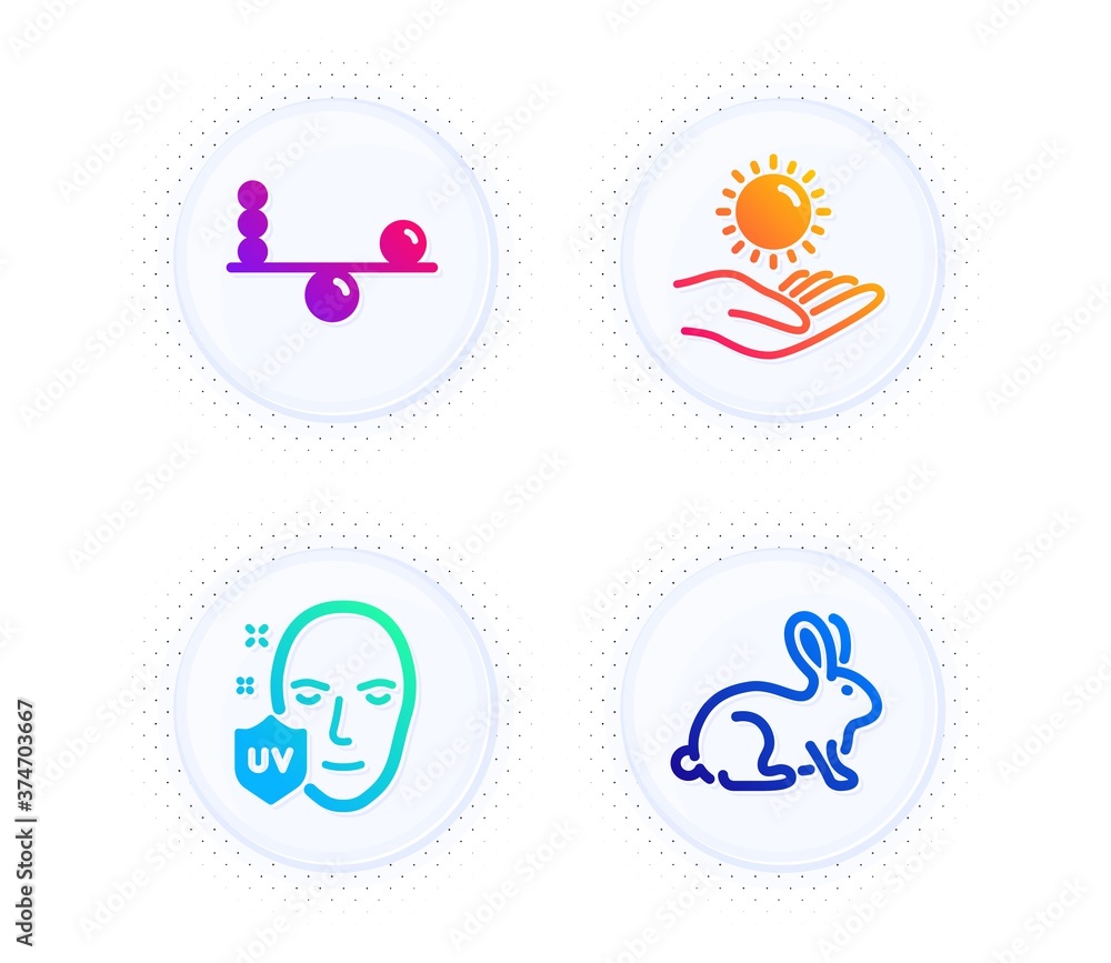 Balance, Uv protection and Sun protection icons simple set. Button with halftone dots. Animal tested sign. Concentration, Ultraviolet, Ultraviolet care. Bio product. Healthcare set. Vector Balance, Uv protection and Sun protection icons simple set. Button with halftone dots. Animal tested sign. Concentration, Ultraviolet, Ultraviolet care. Bio product. Healthcare set. Vector