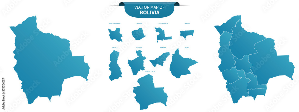 Naklejka niebieskie kolorowe mapy polityczne Boliwii na białym tle