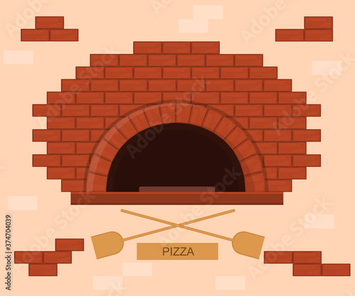 Cartoon Color Pizza Oven with Shovels Concept. Vector