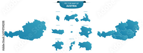 blue colored political maps of Austria isolated on white background
